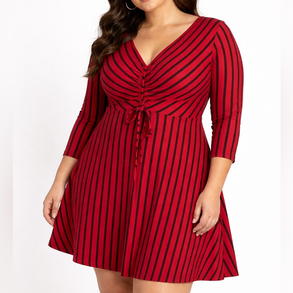 Red & Black Striped V-Neck Tie-Front Fit-and-Flare Dress